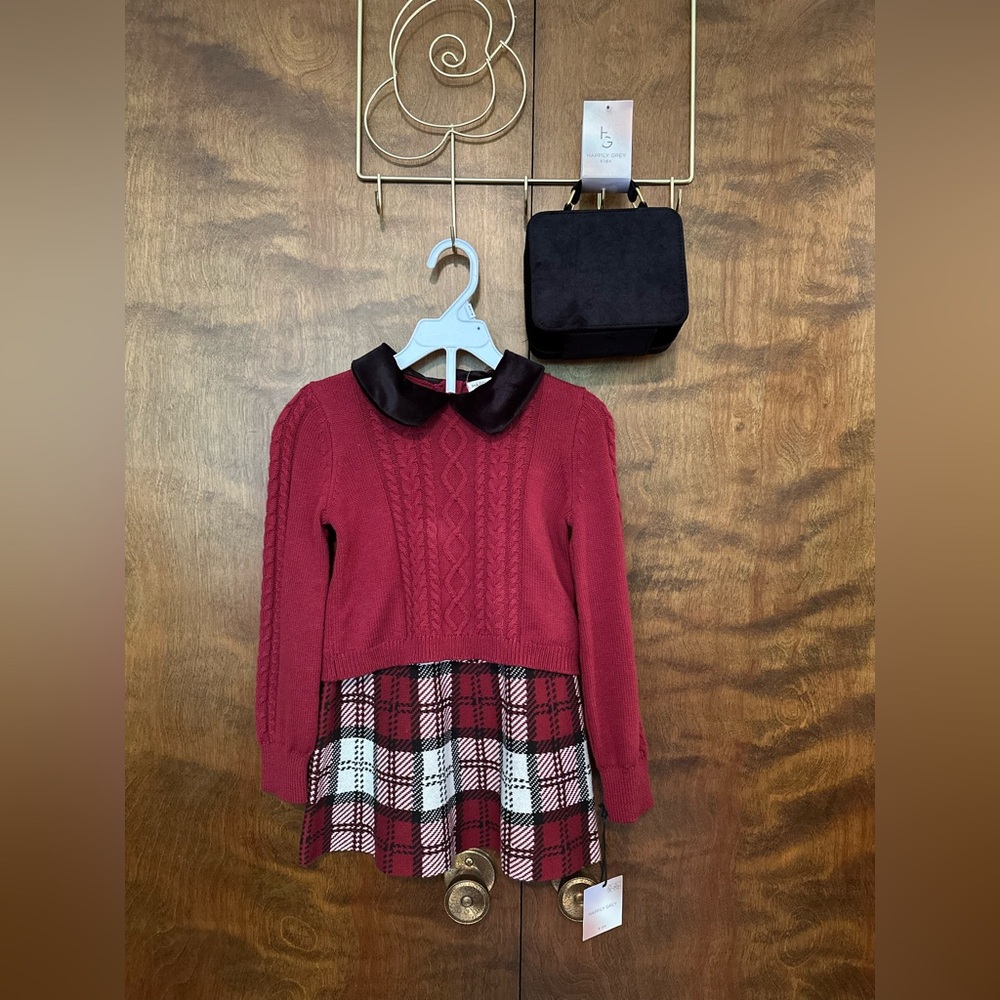 Happily Grey Fall Cable Knit Sweater & Plaid Skirt Set w/ Purse Girls S 5/6 NWT